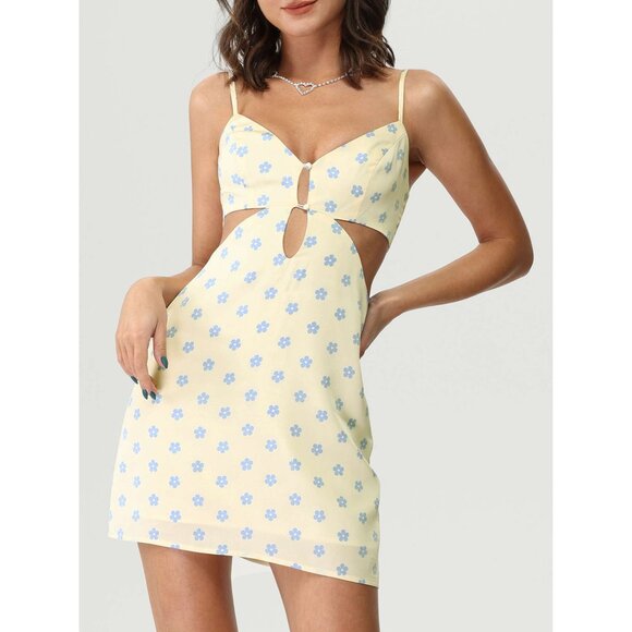 NWT Cider Floral Cutout & Keyhole Cream & Blue Boho Cottagecore Mini Dress - Picture 1 of 16